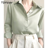Yipinpay 2023 Summer New Office Lady Long Sleeve Silk Basic Shirt Women Button Up Solid Blouse Fashion Work Female Clothing Tops