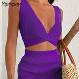 Yipinpay Women Knit Vest And Skirt Suits Female High Waist Side Split Skinny Skirts Set 2023 Summer Solid Sexy Backless Camis Outfits