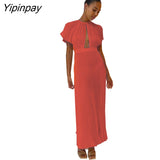 Yipinpay Hollow Out Pleated Dress For Women Fashion Flare Sleeve Backless A Line Dresses Spring O Neck Office Lady Solid Robe