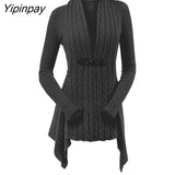 Yipinpay Knit Asymmetrical Long Cardigan Women Sweater Female Casual Solid V-Neck Long Sleeve Winter Cardigans