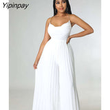 Yipinpay Women Elegant Halter Backless Jumpsuits Sexy Solid Sleeveless Wide Leg One Piece Pants Female Fashion Pleated Wrap Waist Romper