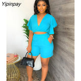 Yipinpay Lotus Leaf Sleeves Shirt Pants Suit Female V Neck Cropped Tops Short Pants 2 Piece Set Summer Girl Casual Club Outfits