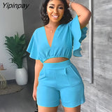 Yipinpay Lotus Leaf Sleeves Shirt Pants Suit Female V Neck Cropped Tops Short Pants 2 Piece Set Summer Girl Casual Club Outfits