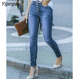 Yipinpay Effect Button Up Skinny Jeans Women High Waist Denim Trousers Streetwear Blue Cotton Distressed Sexy Jean Pencil Pants