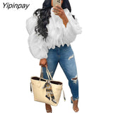 Yipinpay Women Elegant Ruffled Layered Puff Sleeve Top 2023 Summer Female Solid Petal Chiffon Long Sleeve Cropped Blouse Streetwear