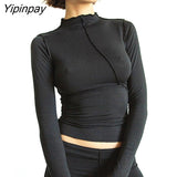 Yipinpay Half Turtleneck Bright Line Two Piece Suit For Women Sexy Long Sleeve Crop Top Skirt Sets 2023 Female Basic Tee Outfits