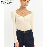 Yipinpay Knit Ribbed T Shirt Women Ruched Corset Top Autumn Long Sleeve V Neck Basic Tees Sexy Bodycon Tshirt Knitted Tops