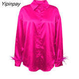 Yipinpay 2023 Spring Women New In Elegant Long Sleeve Spliced Feathers Solid Ladies Top Silk Satin Blouse Shirt For Woman Clothing