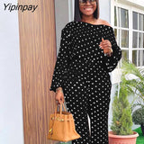 Yipinpay Dot Printing Suits Women Puff Sleeve Blouse And Wide Leg Pants 2 Piece Set 2023 Spring Vacation O Neck Shirt Outfits