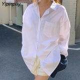 Yipinpay Minimalist Style Oversize Long Sleeve White Shirt Women Button Solid Turn-Down Collar BF Shirts Blouse 2023 Summer Tops