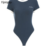 Yipinpay Sumemr Sexy Cotton Short Sleeve Bodysuit Women Letter Embroidery Contrast Color Ladies Rompers Y2K Fashion Female Jumpsuit