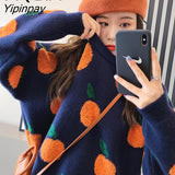 Yipinpay Winter Casual Kawaii Orange Embroidery Women's Sweaters O Neck Long Sleeve Thick Knit Sweater Women Y2K Female Pullovers