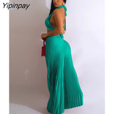 Yipinpay Women Casual Solid Pleated 2 Piece Set Sexy Halter Bra And Wide Leg Pants Suits 2023 Spring Cropped Lace Up Vest Trousers Outfit