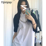 Yipinpay 2023 Summer Y2K Short Sleeve Chain Shirt Women Street Style Oversize Patchwork Button Ladies Tunic Blouse Female Clothing