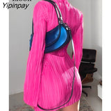 Yipinpay Flare Sleeve Short Pleated Dresses For Women Robes New 2023 Spring Streetwear Rose Red Vestidos Sexy Bodycon Mini Dress
