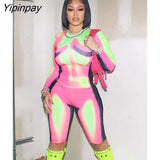 Yipinpay Blocking Print Shorts Set Women O-neck Long Sleeve Tops Skinny Sheath Shorts Matching Set Female Fashion Casual Outifits