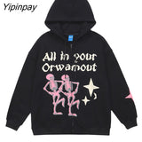 Yipinpay Women Sweatshirts Zip Up Hoodie Oversized Skeleton Korean Fashion Graphic Jackets Gothic Streetwear Grunge Harajuku Y2k Clothes