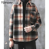 Yipinpay 2023 Winter Korean Style Long Sleeve Plaid Wool Liner Shirt Women Casual Button Up Loose Thick Ladies Tunic Blouse Tops