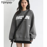 Yipinpay 2023 Winter Korean Style Letter Print Sweatshirt Women Minimalist O Neck Long Sleeve Ladies Hoodies Female Clothing Tops
