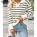 Yipinpay Striped Loose Knitted Sweater Tops Pullover Women Jumpers Streetwear Autumn Winter Long Sleeve V Neck Knitwear Sweaters