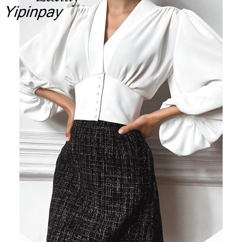 Yipinpay 2023 Spring New Vintage Lantern Sleeve Slim Women Shirt Korea Style Button Up Woman Short Blouse Female Clothing Tops