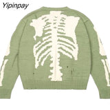 Yipinpay Men Sweater Green Loose Skeleton Bone Printing Woman High Quality High Street Damage Hole Vintage 1:1 Knitted Sweater