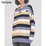 Yipinpay 2023 Winter Long Sleeve Turn Down Collar Women Sweater Striped Korean Style Oversize Ladies Knit Pullover Female Clothing