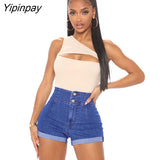 Yipinpay Cotton Stretch Button Up Cuffed Denim Shorts Women High Waist Bottom Summer With Pockets Streetwear Sexy Skinny Jean Shorts