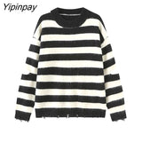 Yipinpay 2023 Winter Long Sleeve Y2K Oversize Mohair Sweater Women Streetwear Hollow Out Stripe Ladies Pullover Female Clothing
