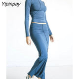 Yipinpay Half Turtleneck Bright Line Two Piece Suit For Women Sexy Long Sleeve Crop Top Skirt Sets 2023 Female Basic Tee Outfits