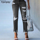 Yipinpay Sexy Stretch Tassel Ripped Jeans Women High Waist Black Blue Trouser Streetwear Distressed Skinny Hole Denim Pencil Pants