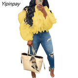 Yipinpay Women Elegant Ruffled Layered Puff Sleeve Top 2023 Summer Female Solid Petal Chiffon Long Sleeve Cropped Blouse Streetwear