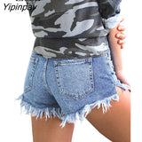 Yipinpay Cotton Tassel Jean Shorts Women High Waist Bottoms Sexy Rave Jean Short Button Pockets Streetwear Black Blue Denim Shorts