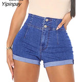 Yipinpay Cotton Stretch Button Up Cuffed Denim Shorts Women High Waist Bottom Summer With Pockets Streetwear Sexy Skinny Jean Shorts