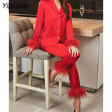 Yipinpay With Feather Blazer And Straight Pants Suits Women Fashion Furry Tailored Collar Shirts Trousers Two Piece Set Lady Outfit