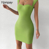 Yipinpay Sexy Knitted Short Corset Dresses Women Summer Sundress 2023 Sleeveless Square Neck Black White Ribbed Bodycon Mini Dress
