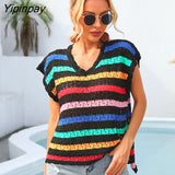 Yipinpay Knit T Shirt Women Knit Top 2023 New Arrivals In Knitwears All Match Basic Tees V Neck Hollow Out Sexy Tshirt Loose Tops