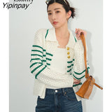 Yipinpay 2023 Winter Office Lady Long Sleeve Stripe Women Shirt Korean style Button Up Hollow Out Knit Blouse Spring Women Tops