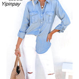 Yipinpay Sexy Denim Blouses Women Top With Pockets Streetwear Long Sleeve Sleeve Turndown Button Up Tops And Blouses Jean Shirts