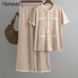 Yipinpay Color Block Knit Two Piece Set Women Button Tops And Wide Leg Pants High Waist Patchwork Knitwear Outfits Summer Sets