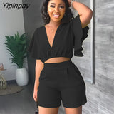 Yipinpay Lotus Leaf Sleeves Shirt Pants Suit Female V Neck Cropped Tops Short Pants 2 Piece Set Summer Girl Casual Club Outfits