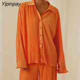 Yipinpay Pleated Printed Suit Women Long Sleeve V Neck Blouse And High Waist Pants Two Piece Sets Female Elegant Trousers Outfits