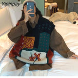 Yipinpay 2023 Autumn Street Style Patchowork Knit V Neck Women's Sweater Y2K Sleeveless Ladies Vest Winter Loose Female Clothing