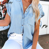 Yipinpay Women Wash Distressed Denim Shirt Blue Cardigan With Pockets Short Sleeve Turndown Collar Sexy Button Up Tops And Blouses