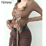 Yipinpay 2023 Summer Y2K Long Sleeve Ruffles Women Shirt Button Up Patchwork Slim Ladies Crop Tops Blouse Party Female Clothing
