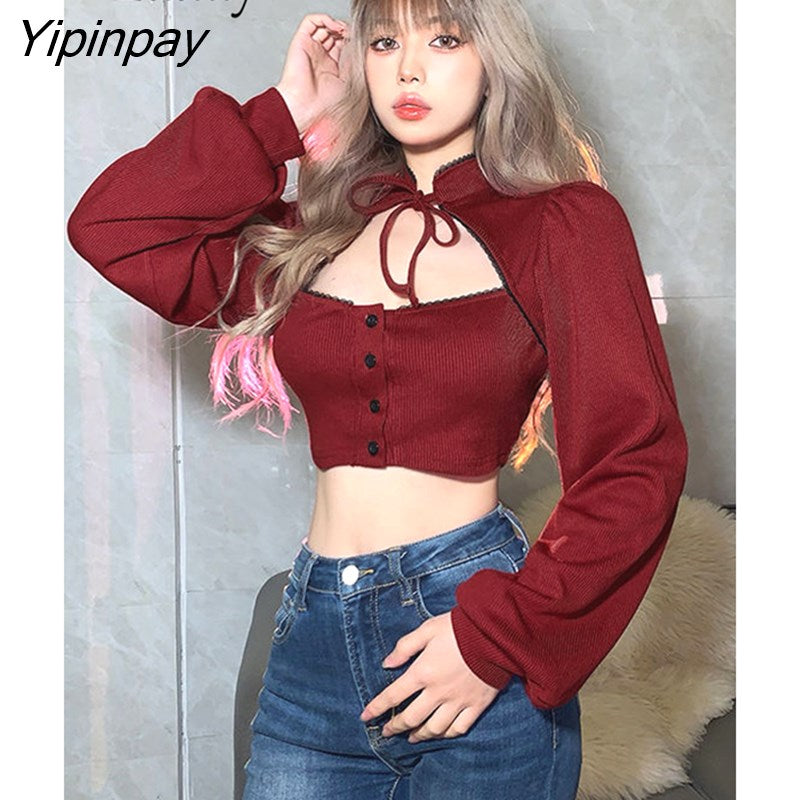 Yipinpay 2023 Spring Sweet Long Sleeve Red Shirt Women Christmas Party Lace Button Up Hollow Out Crop Tops Korean Style Blouse