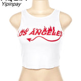 Yipinpay Summer Women Letter Print Casual Tank Tops O-neck Sleeveless Knitted Cropped Top Slim Wild Short Lady Clothing Tops