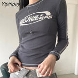 Yipinpay Women T-Shirt Slim Crop Top Retro Elastic Pullovers Korean Fashion Print Grunge Vintage Long Sleeve Tee Y2k Streetwear Clothing