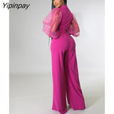 Yipinpay Solid V Neck Mesh Belt One Piece Wide Leg Pants Woman Long Sleeve Elegant Jumpsuit Playsuit Overalls Fall One Piece Outfit