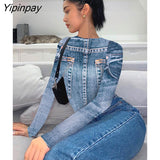 Yipinpay Women's Casual Imitation Denim Print Blouse Female Fashion O Neck Long Sleeve Tee Shirts Spring Y2K Harajuku Tops Streetwear
